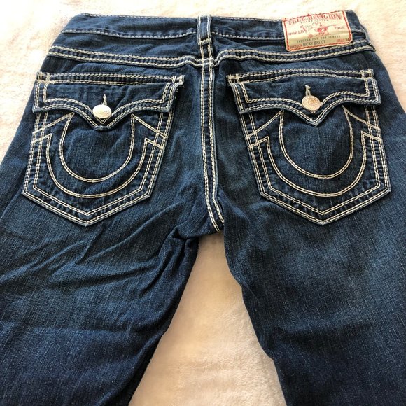 True Religion Ricky Big QT (Straight) Dark Wash White Bold Stitching Size 33 - Picture 2 of 16